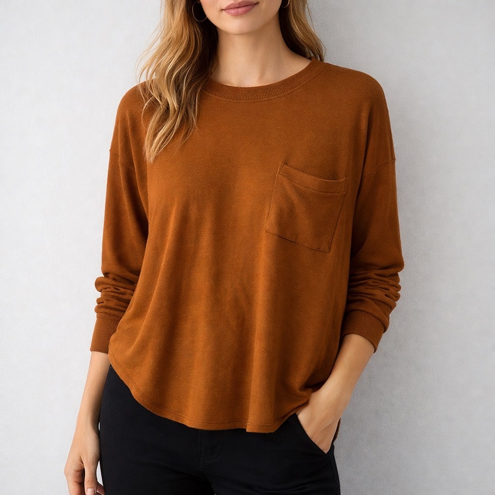Lou & Grey Rust Brown Pocket Long Sleeve Lounge Top Relaxed Size L